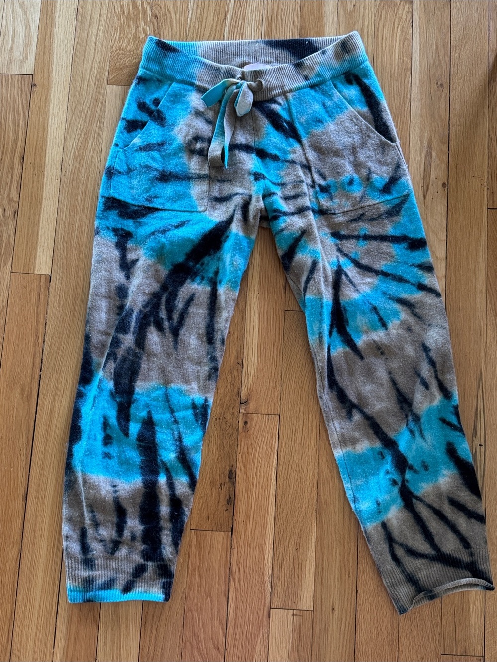 CRUSH Tie-Dye Cashmere Cozy Lounge Pants in Teal, Black & Taupe